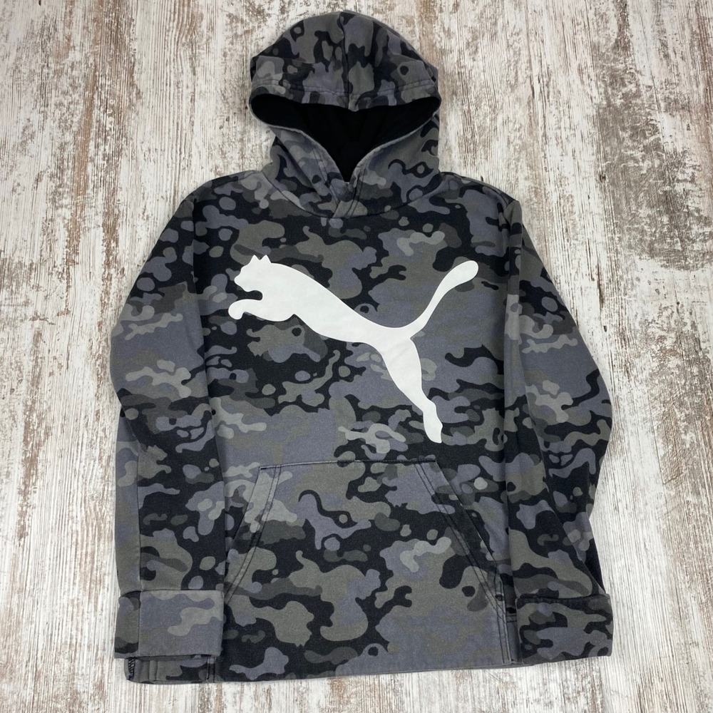 Puma Boys Gray Black Camo Hoodie Big Logo Pullover Sweatshirt Size M 10-12
